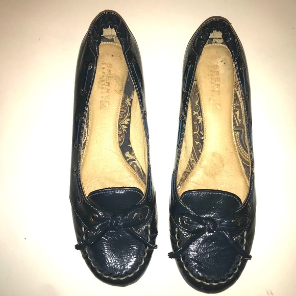 Sperry Top Sider Sandpiper Tie Skimmer Blue Patent Leather Flat Loafer Boat Shoe - Picture 1 of 12
